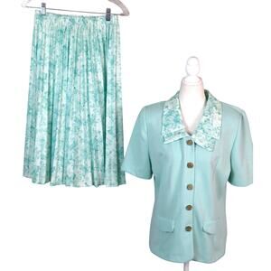 NWT Vintage 90s Y2K Mint Blue Floral Skirt Suit Pleated Elastic Gold Button 10